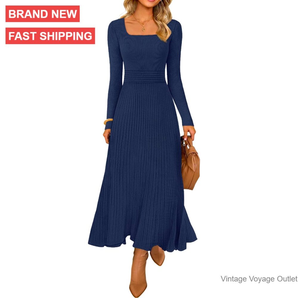 Long Sleeve Square Neck Pleated Midi Sweater Dress Work Casual